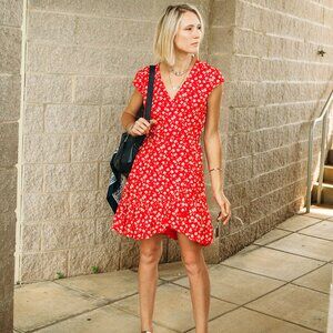 J.crew Red Floral Faux Wrap Mini Dress /8/